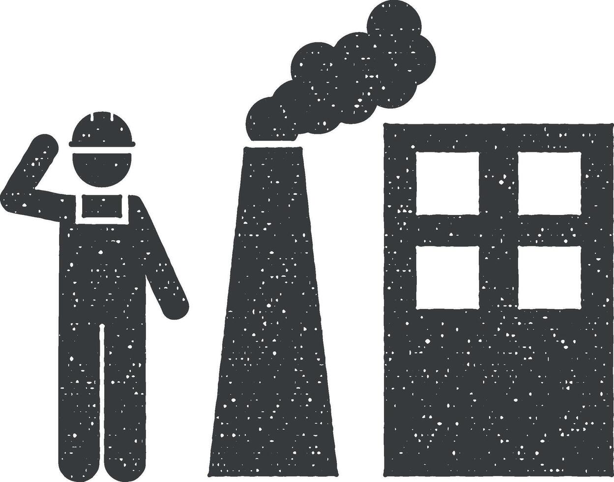 Factory, worker, job, engine icon vector illustration in stamp style