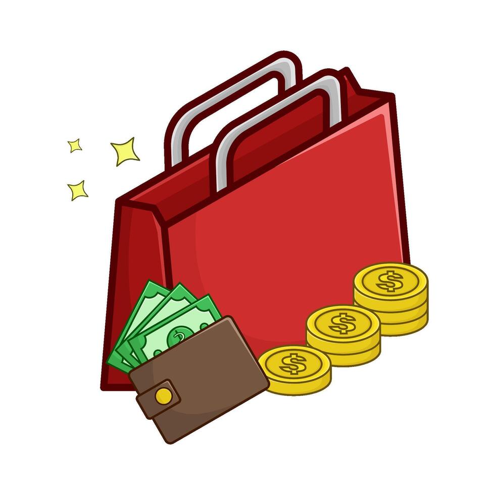 compras bolsa, dinero en billetera con dinero moneda ilustración vector