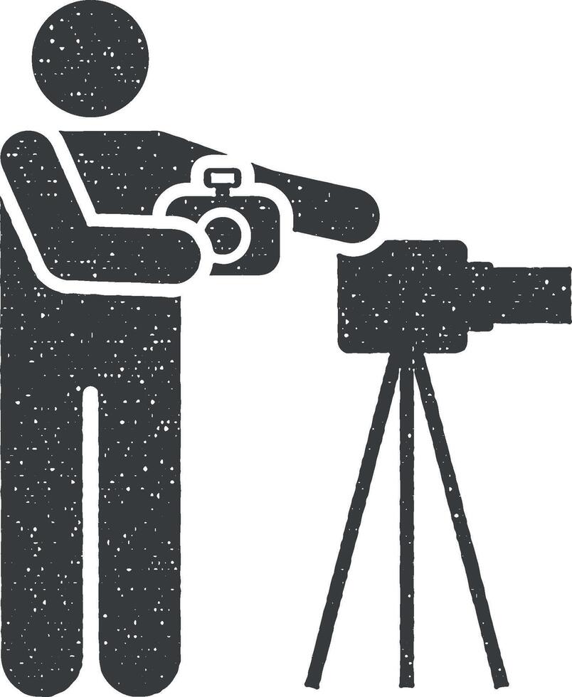 hombre, foto, cámara, trípode pictograma icono vector ilustración en sello estilo