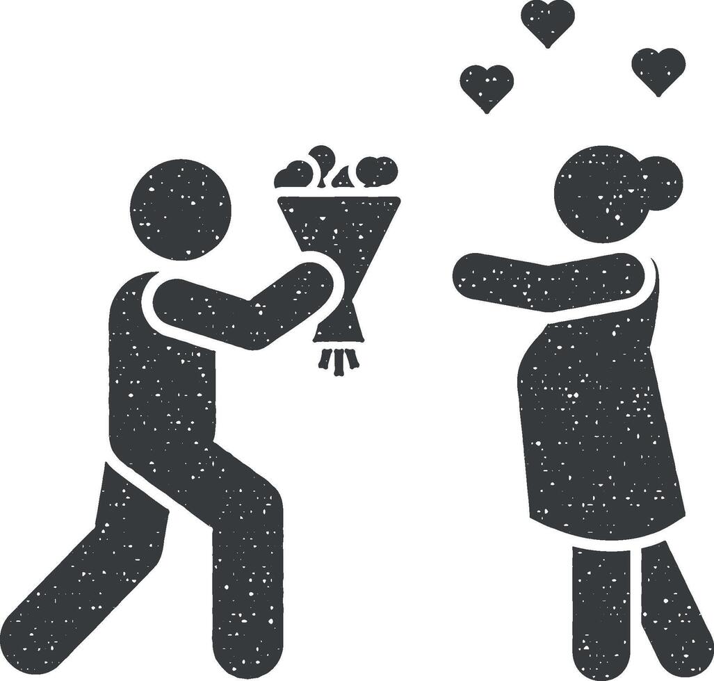 flores, hombre, mujer, amor icono vector ilustración en sello estilo