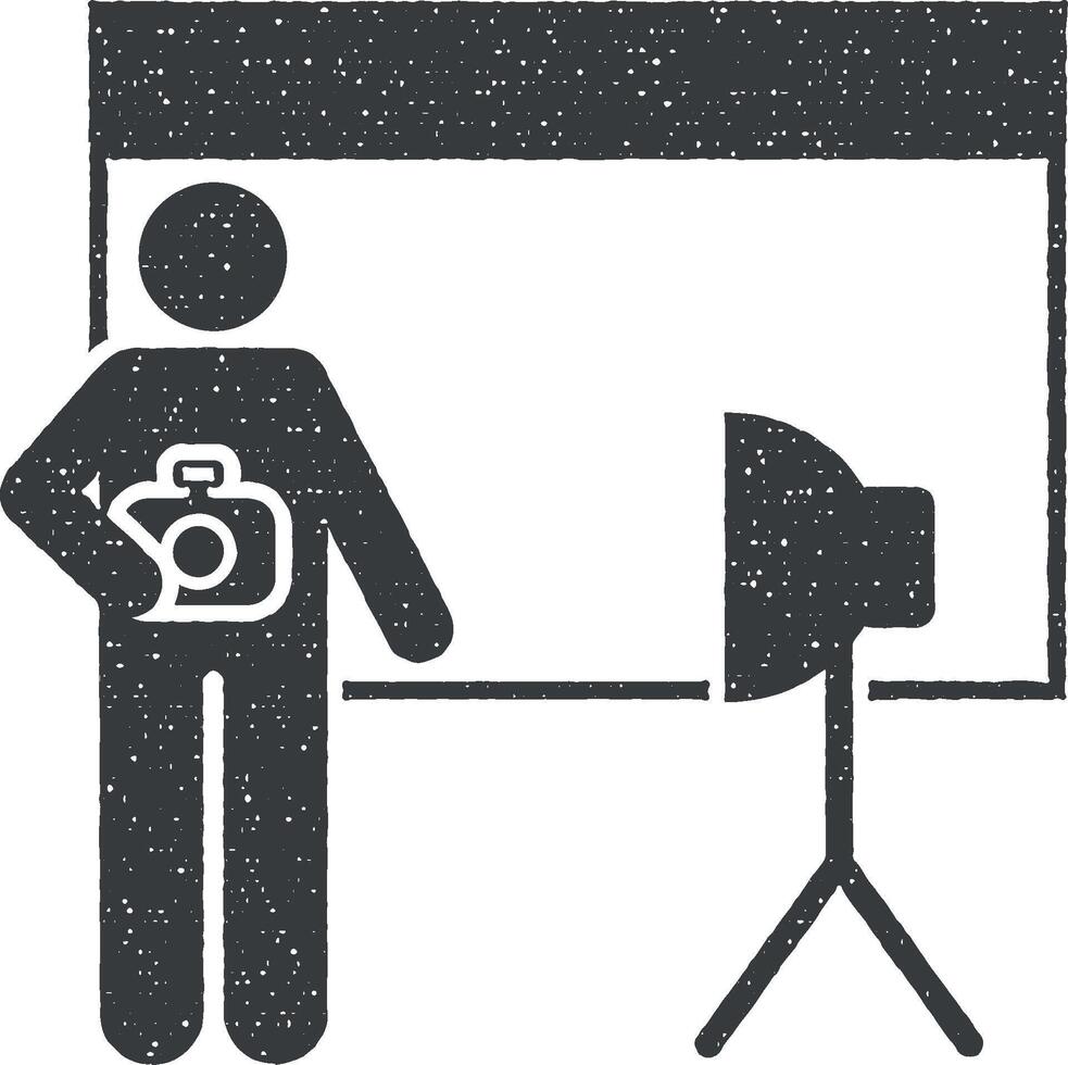 Cameraman, soft box, equipment, camera pictogram icon vector illustration in stamp style