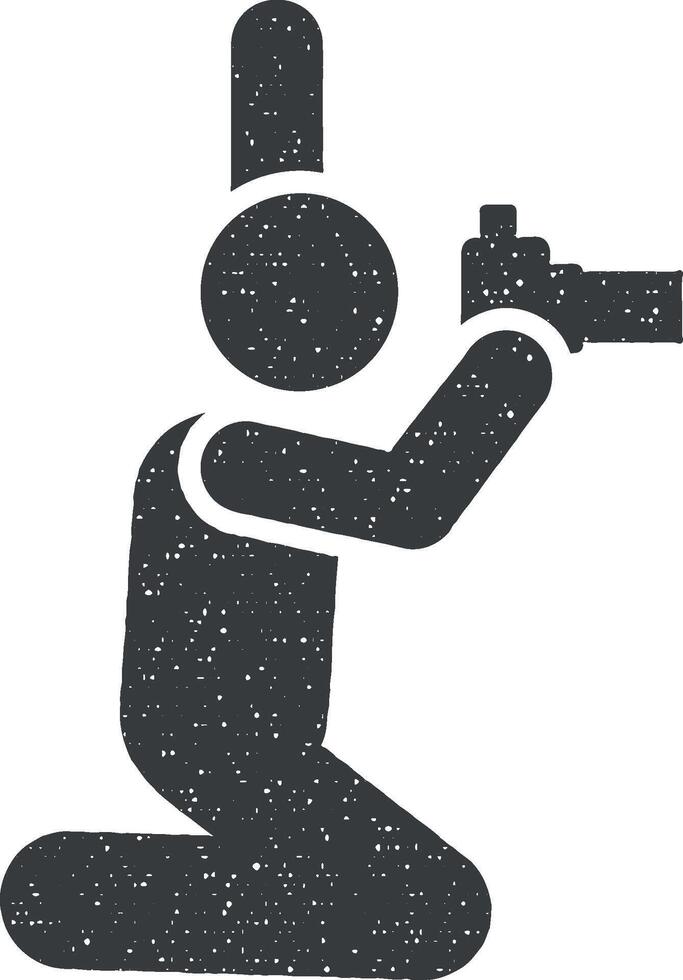 Camera, photographer, outdoor pictogram icon vector illustration in stamp style