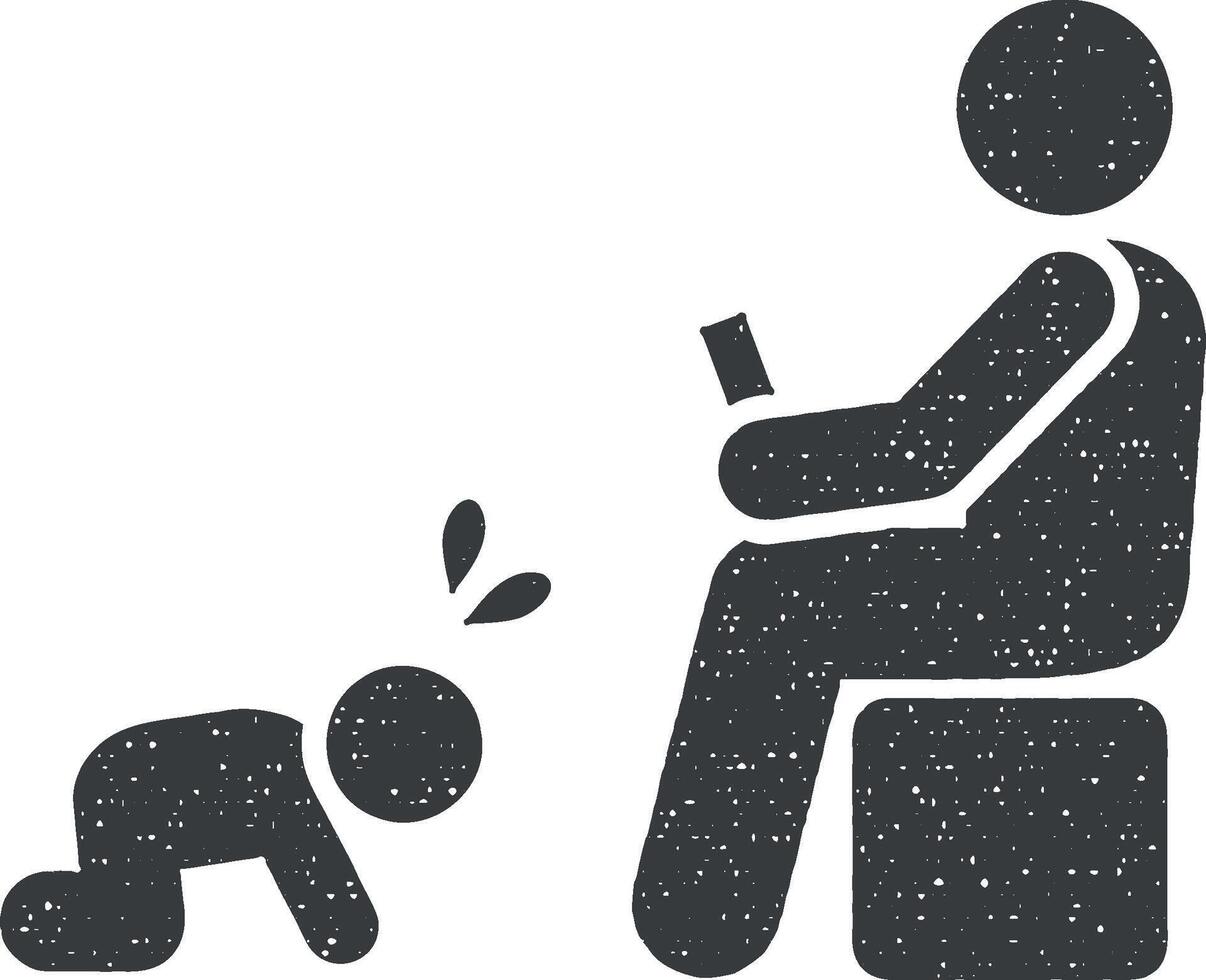 teléfono, hombre, bebé, llorando icono vector ilustración en sello estilo