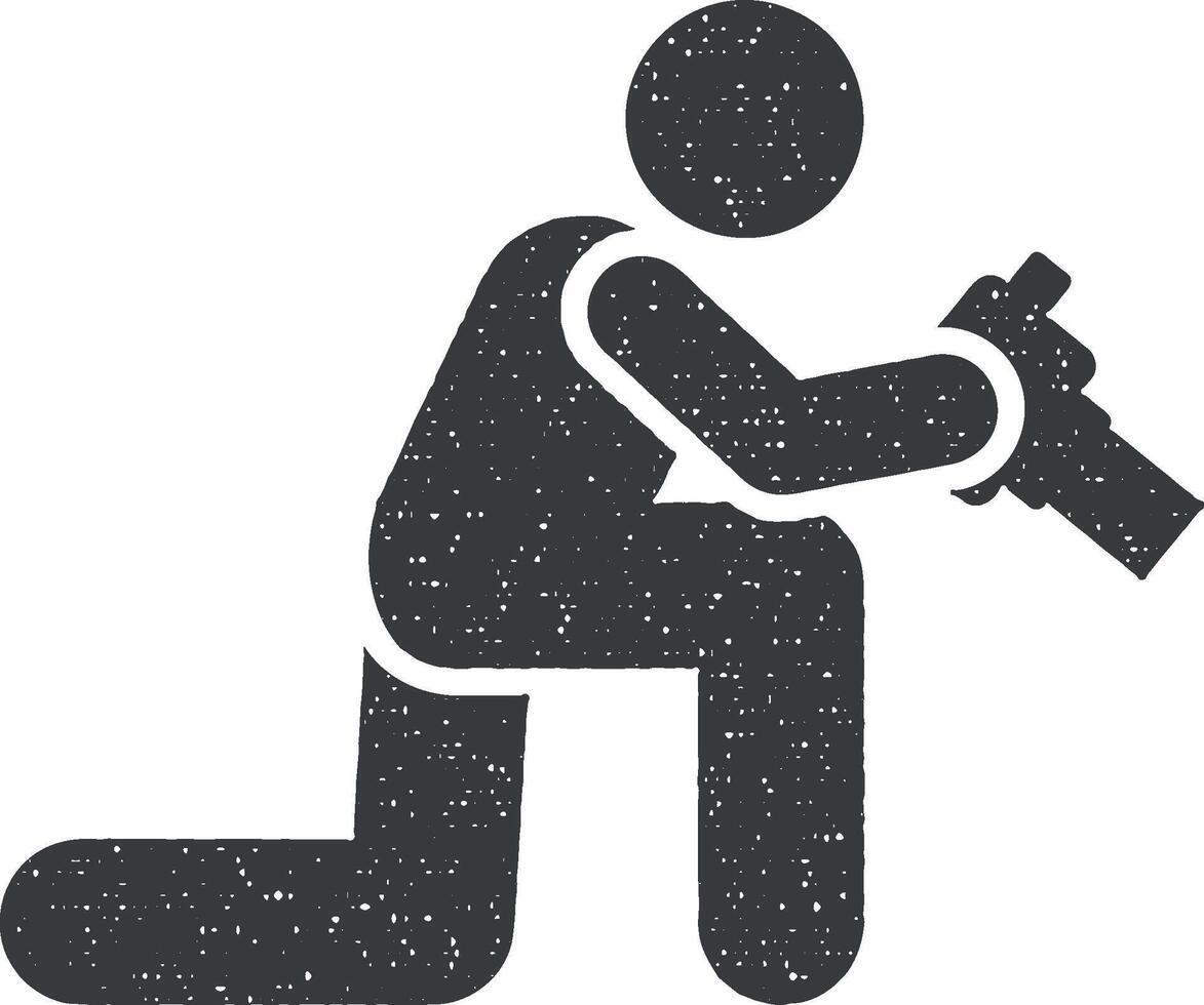 Camera, outdoor, man, photo pictogram icon vector illustration in stamp style