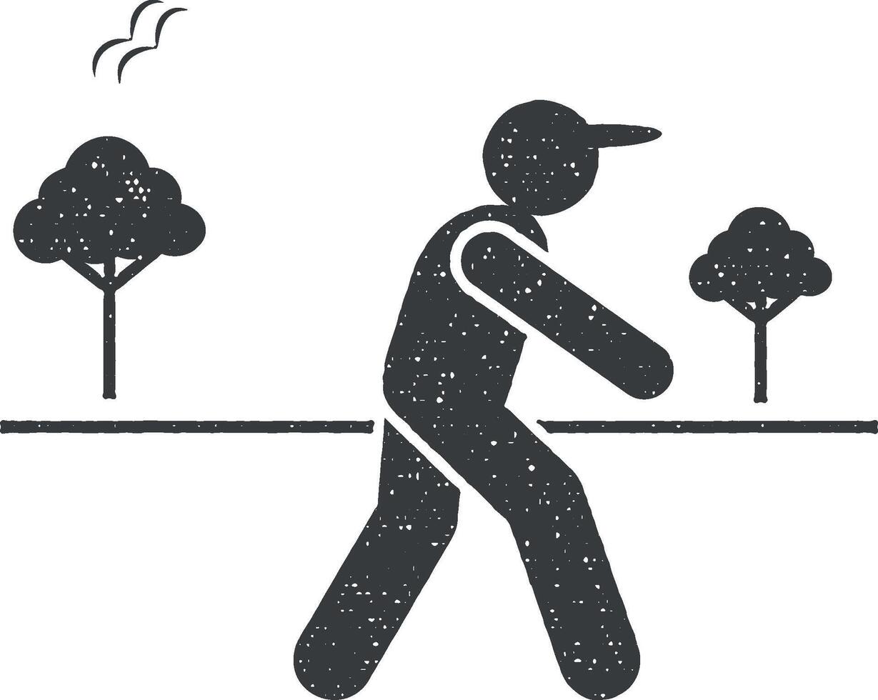 Man, walking, sun icon vector illustration in stamp style