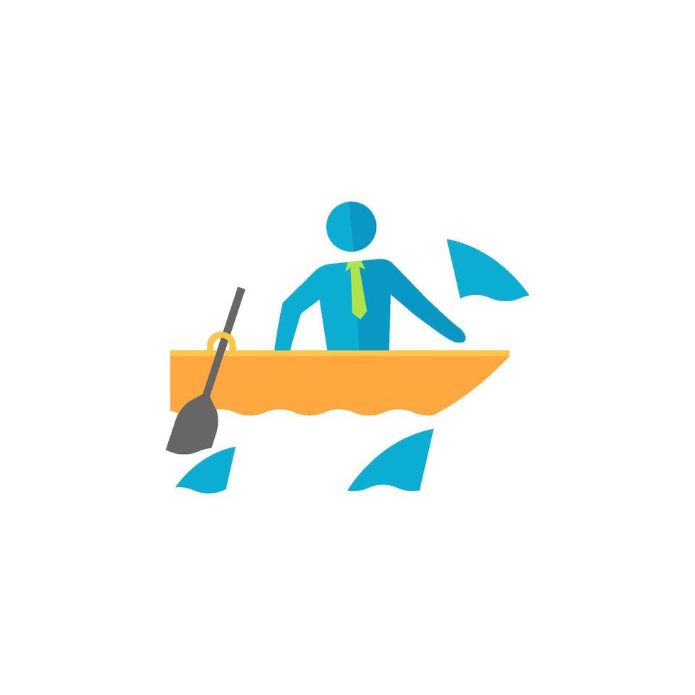 Businessman challenge icon in flat color style. Business metaphor man boat sea water shark fear vector