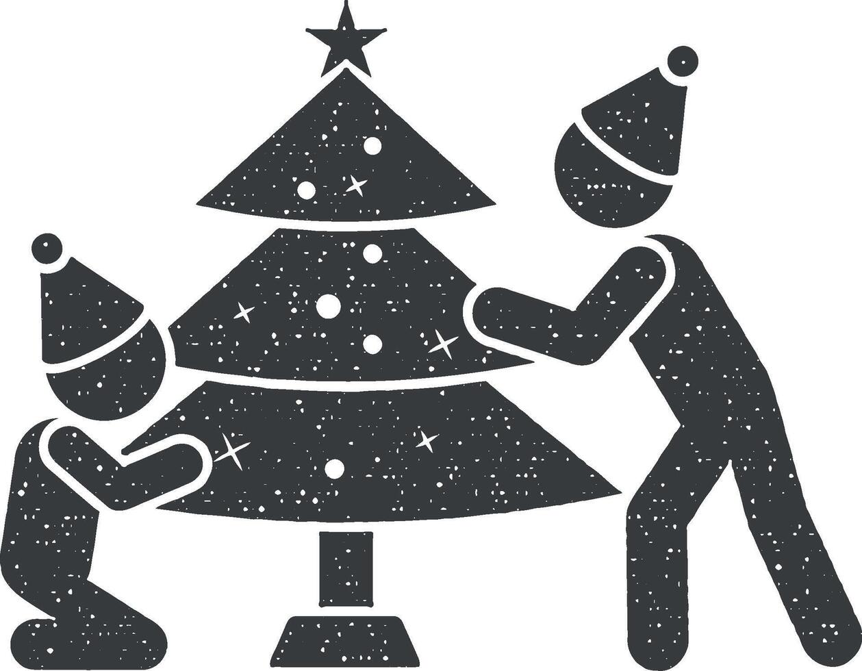 Family decorates a Christmas tree icon vector illustration in stamp style