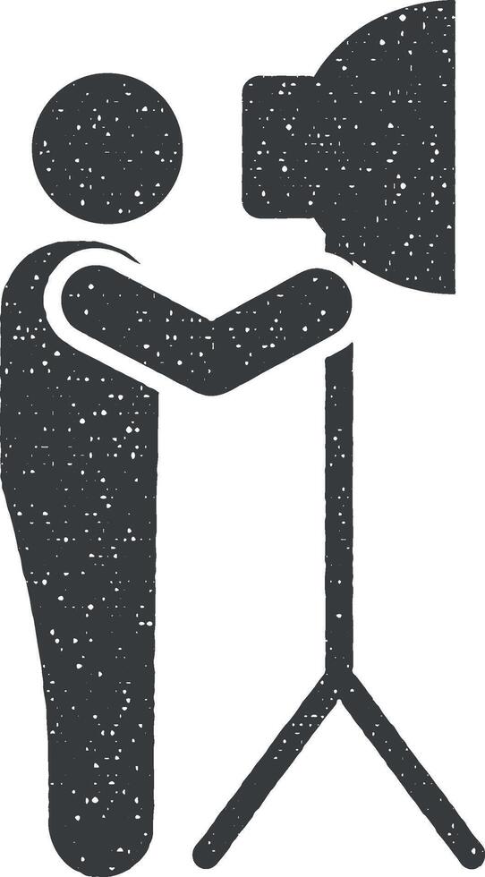 Cameraman, tools, soft box pictogram icon vector illustration in stamp style