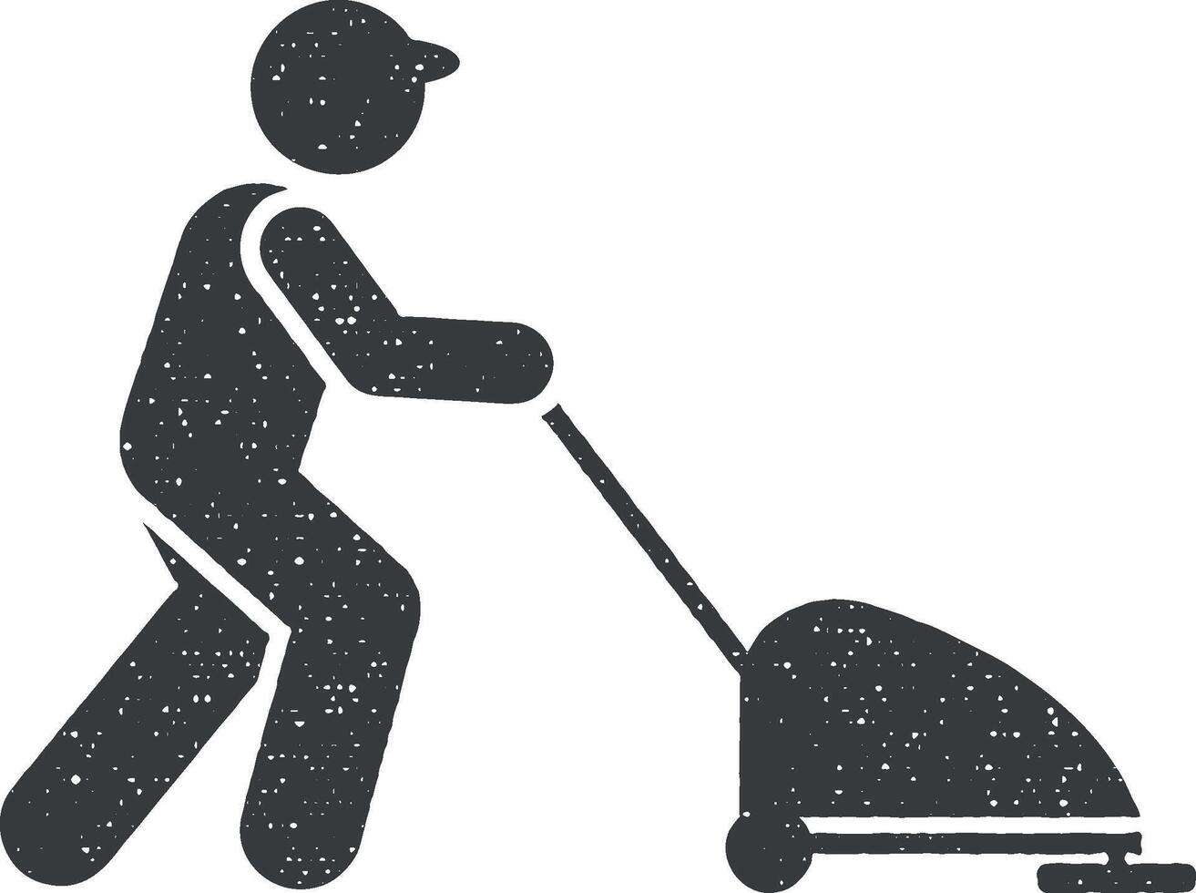 Cleaner, vacuum, worker icon vector illustration in stamp style