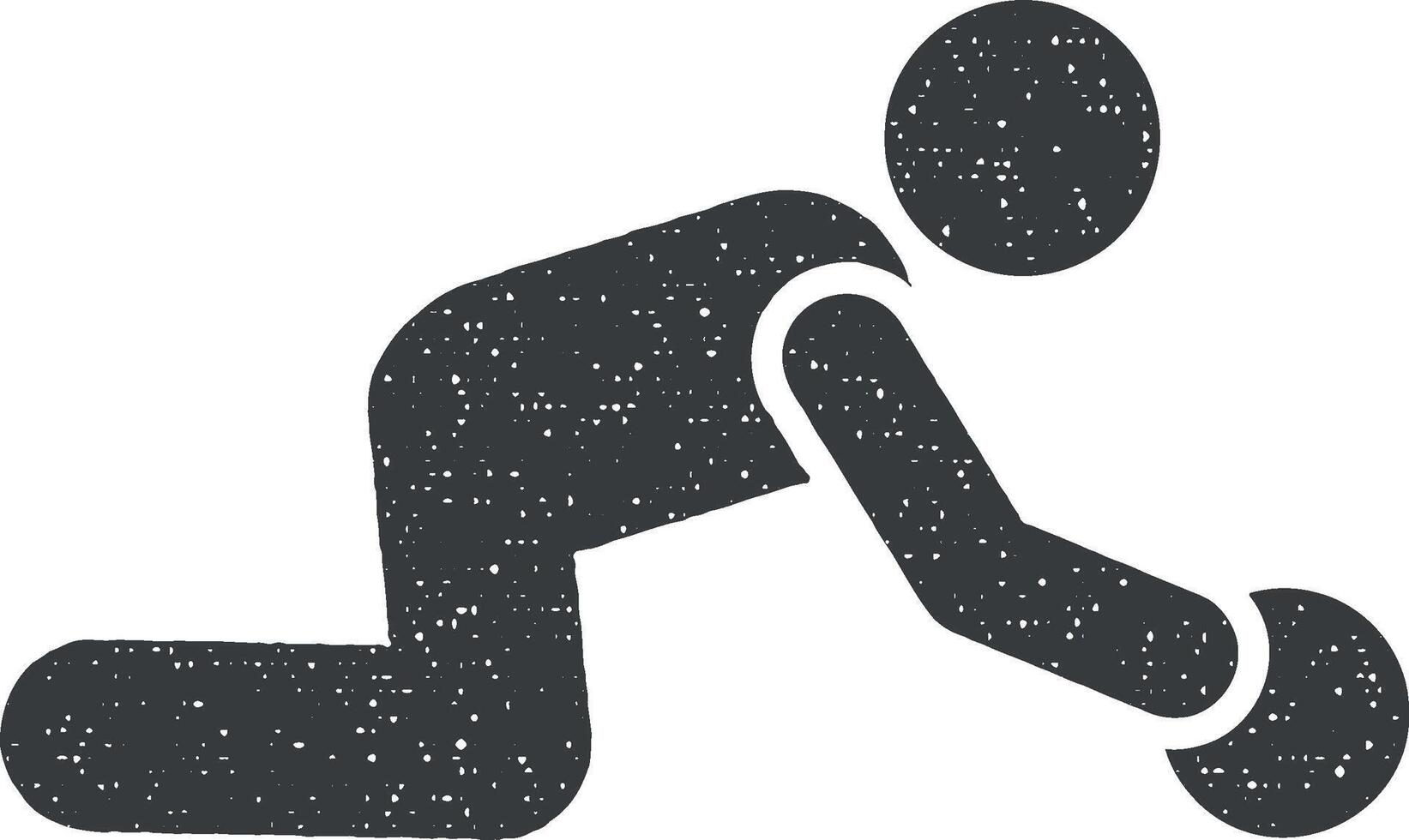 hombre gimnasio pelota ejercicio con flecha pictograma icono vector ilustración en sello estilo