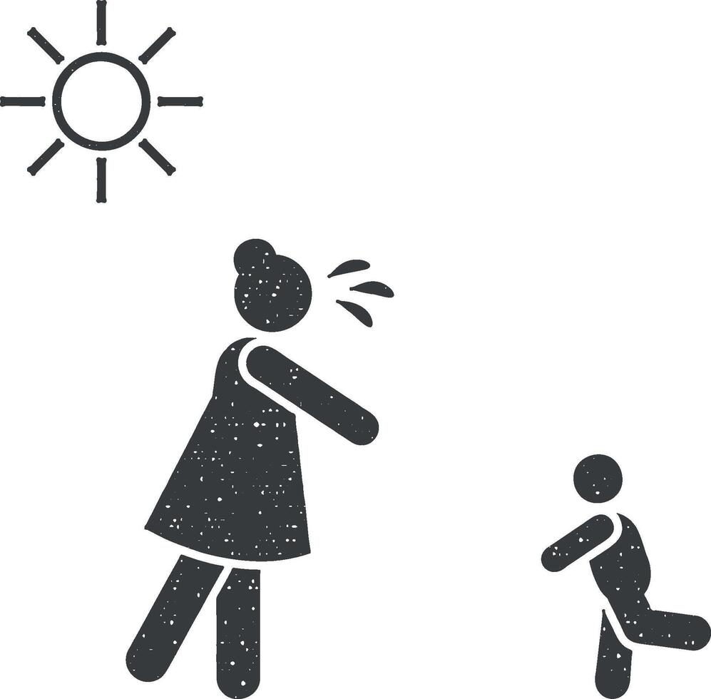 Baby, sun, woman, ache icon vector illustration in stamp style