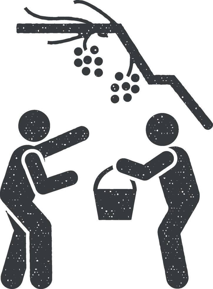 Fruta recoger dos hombre cesta icono vector ilustración en sello estilo