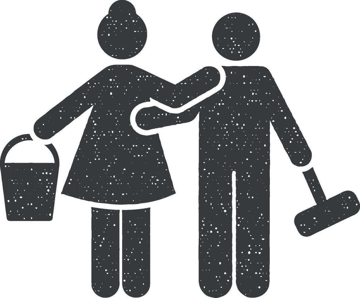 Cleaning man woman icon vector illustration in stamp style