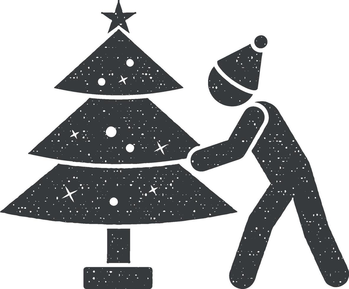 Man decorates a christmas tree icon vector illustration in stamp style