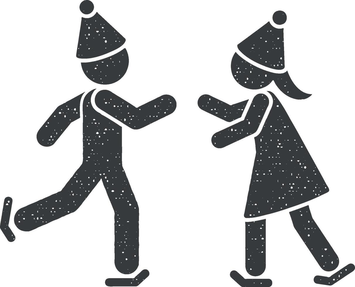 niños patinar icono vector ilustración en sello estilo