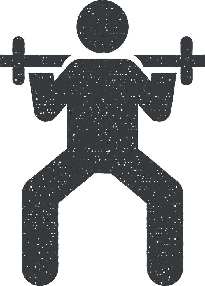 Man gym barbell lift with arrow pictogram icon vector illustration in stamp style