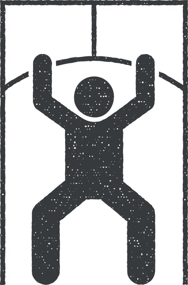 Man lat pulldown gym with arrow pictogram icon vector illustration in stamp style