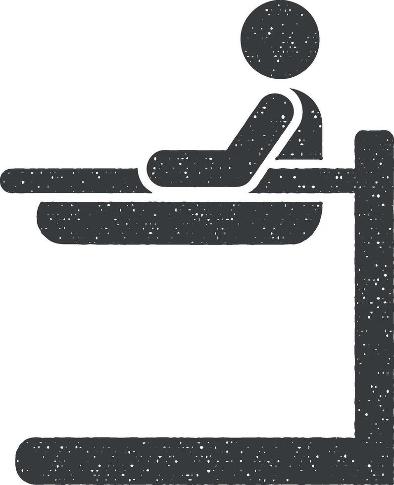 Deportes cuerpo morder hombre gimnasio con flecha pictograma icono vector ilustración en sello estilo