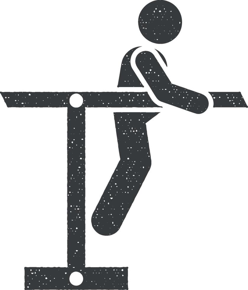 Man dipping bars exercise with arrow pictogram icon vector illustration in stamp style