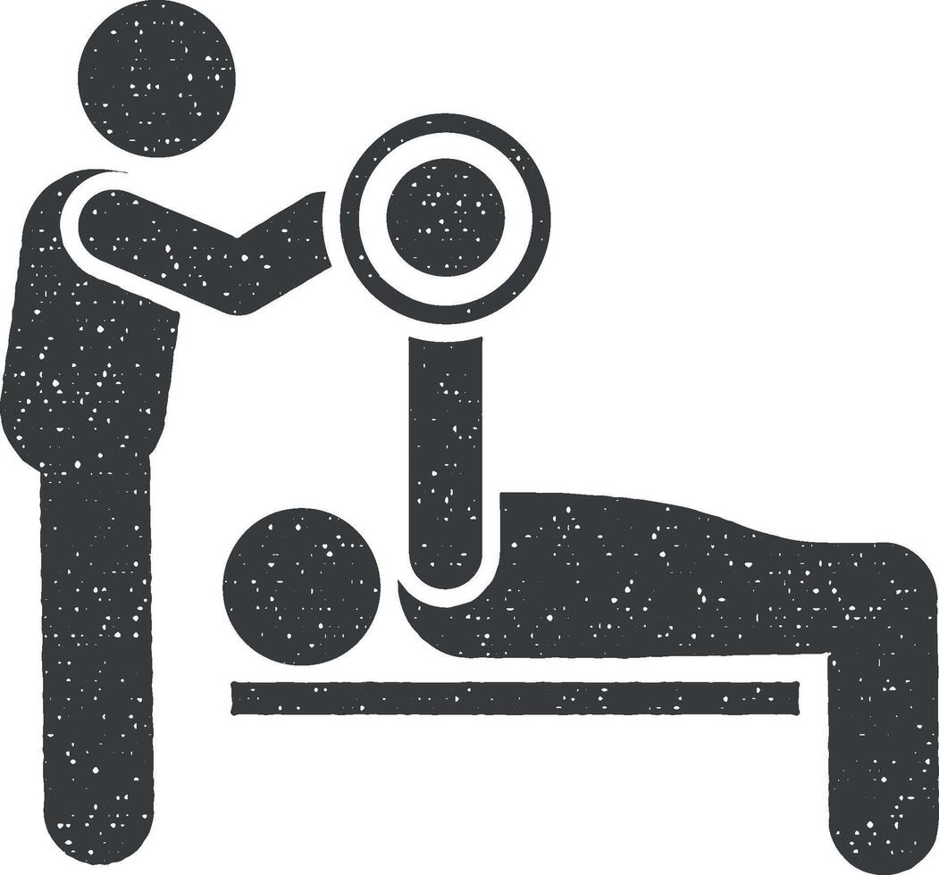 levantamiento de pesas gimnasio músculo dos hombre con flecha pictograma icono vector ilustración en sello estilo