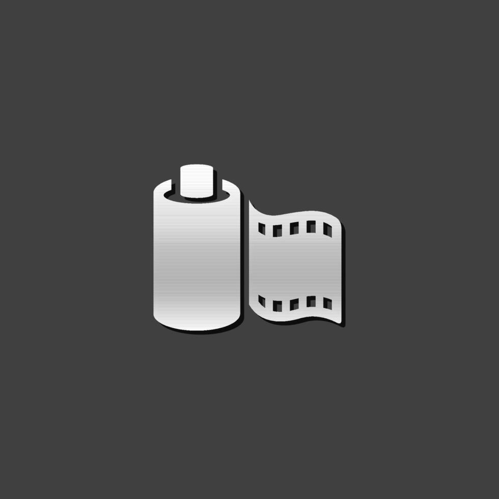 Photographic film icon in metallic grey color style. Photo vintage camera vector