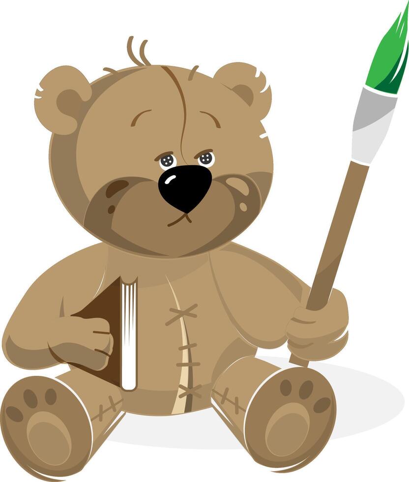 Sad and tired teddy bear with the painting green brush and book. vector