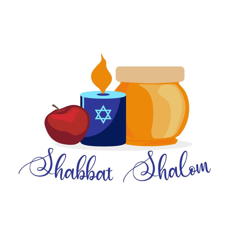 Shabbat Shalom Illustration of candle apple and honey with the greeting text isolated on white, jewish banner template.  Translation from Hebrew - Peaceful Sabbath. vector