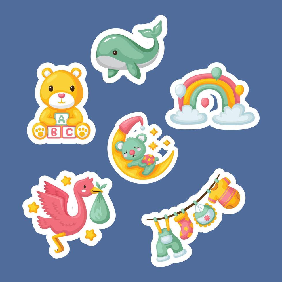 Set cute baby accessories sticker desig vector