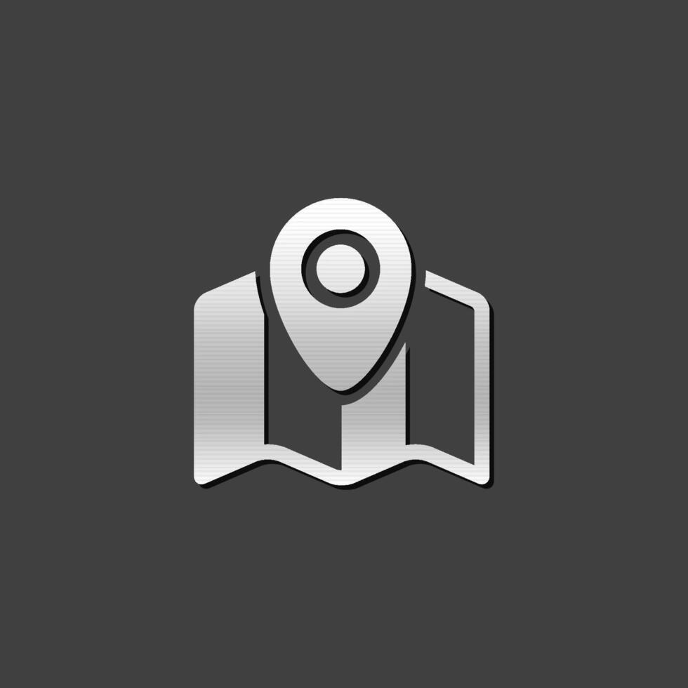 Road map icon with pin location in metallic grey color style. vector