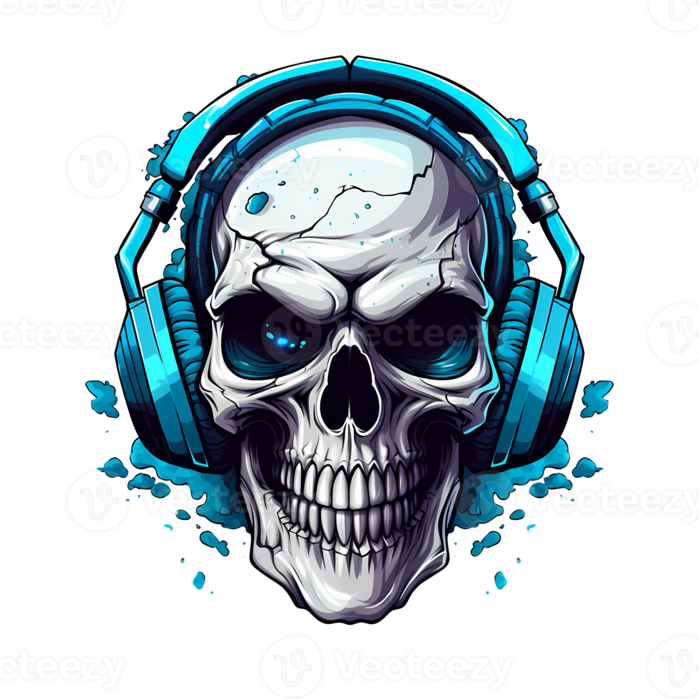 AI generated Skull with headphone art illustrations for stickers, tshirt design, poster etc png