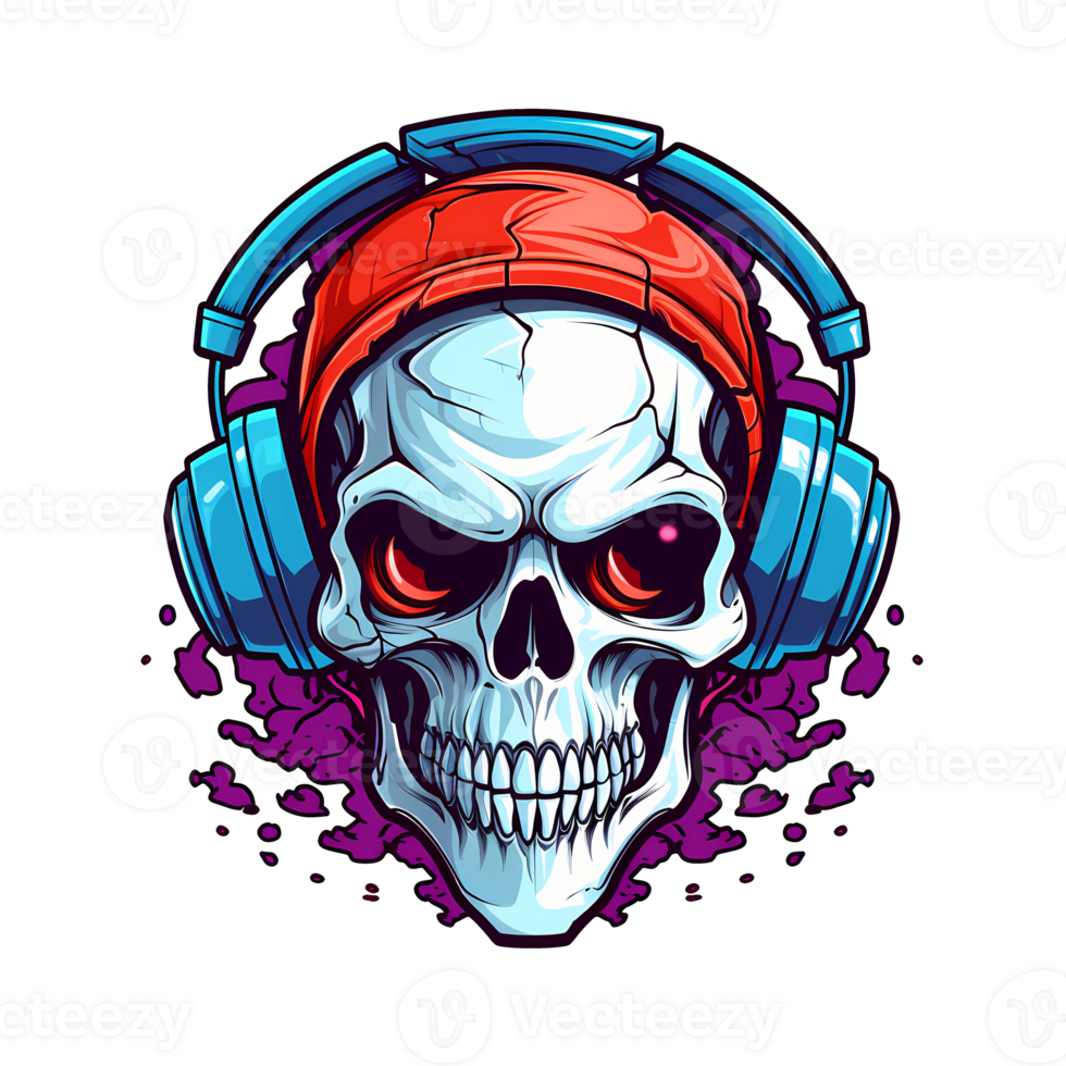 AI generated Skull with headphone art illustrations for stickers, tshirt design, poster etc png