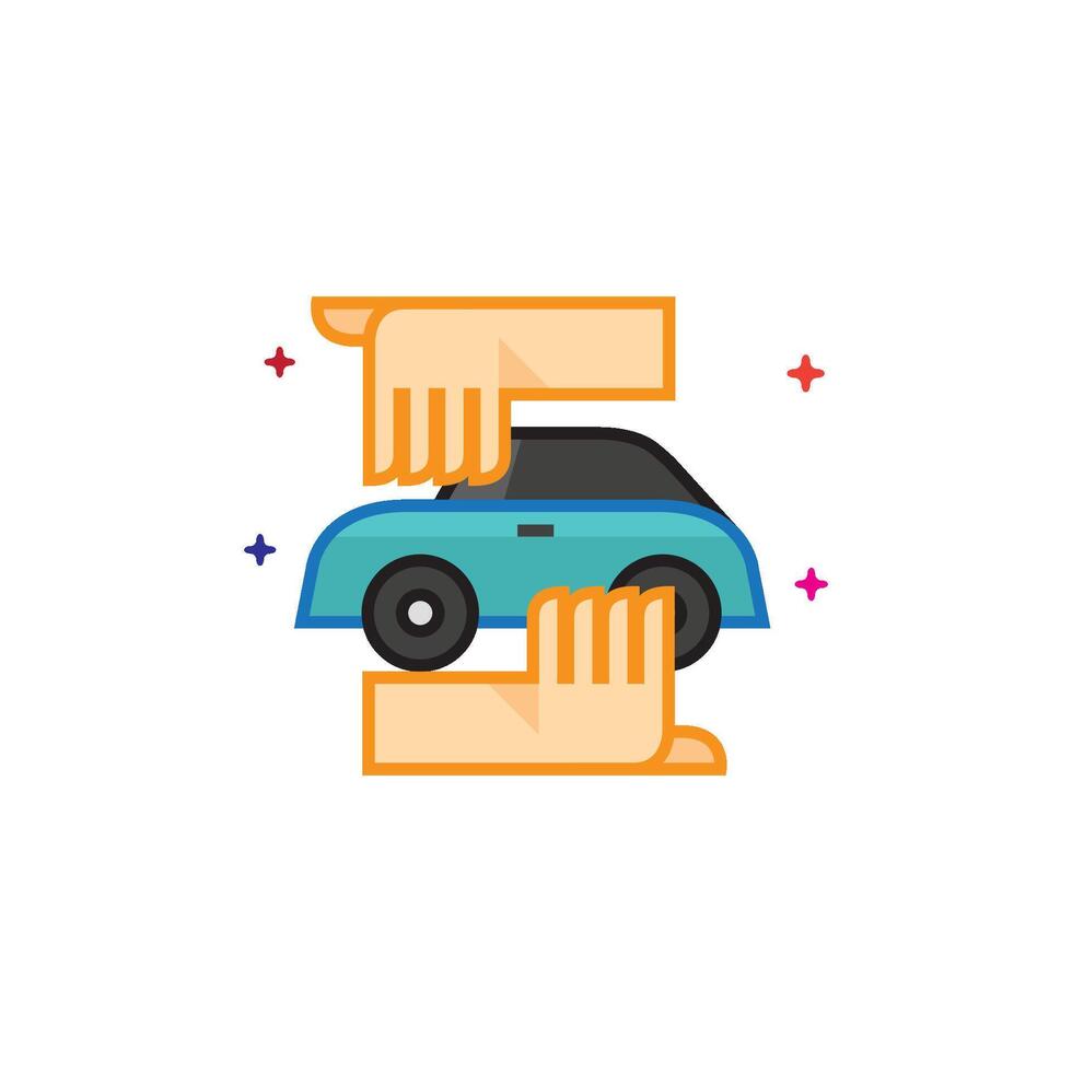 Hand holding car icon flat color style vector illustration