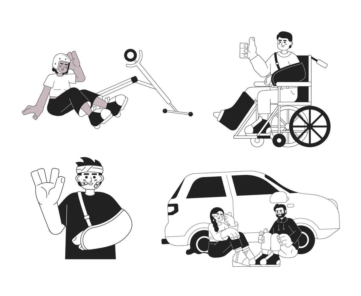 Happy accidents in daily life black and white cartoon flat illustrations set. Diverse linear 2D characters isolated. Keep positive attitude during trauma monochromatic scenes vector images collection