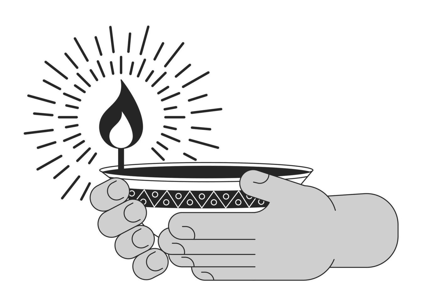 Holding diwali oil lamp cartoon human hands outline illustration. Carrying flame spiritual 2D isolated black and white vector image. Festival of lights hindu flat monochromatic drawing clip art