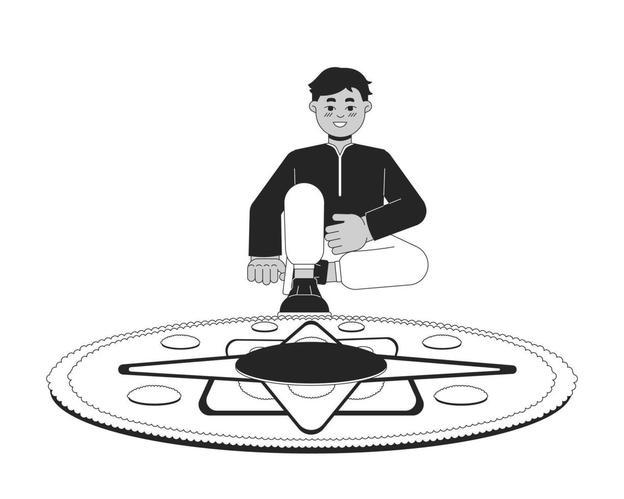 joven indio chico creando rangoli negro y blanco 2d línea dibujos animados personaje. sur asiático niño aislado vector contorno persona. hindú festival de luces deepawali monocromo plano Mancha ilustración