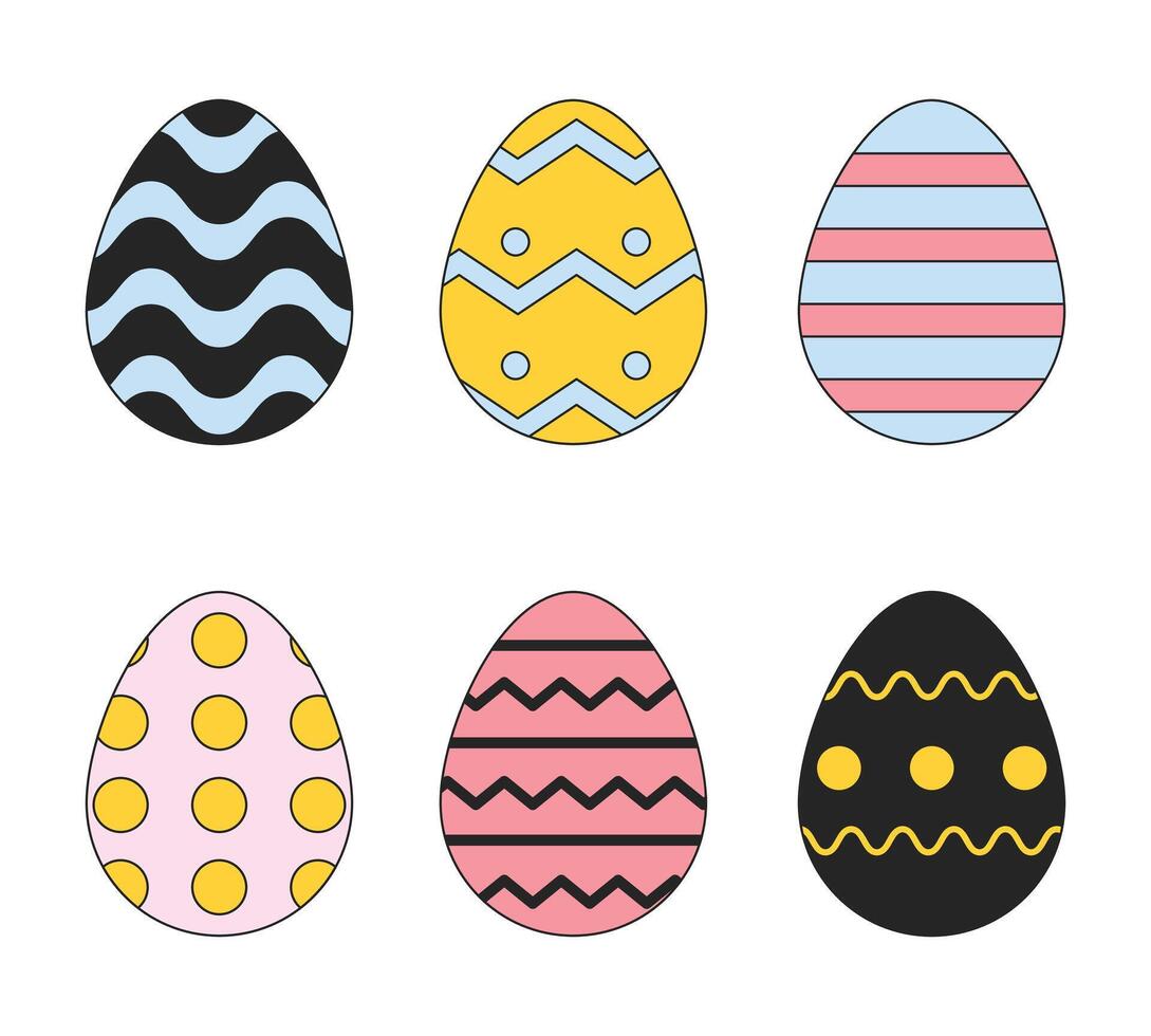 Springtime painted eggs 2D linear cartoon objects set. Resurrection holiday easter-eggs isolated line vector elements white background. Eastereggs pattern color flat spot illustrations collection