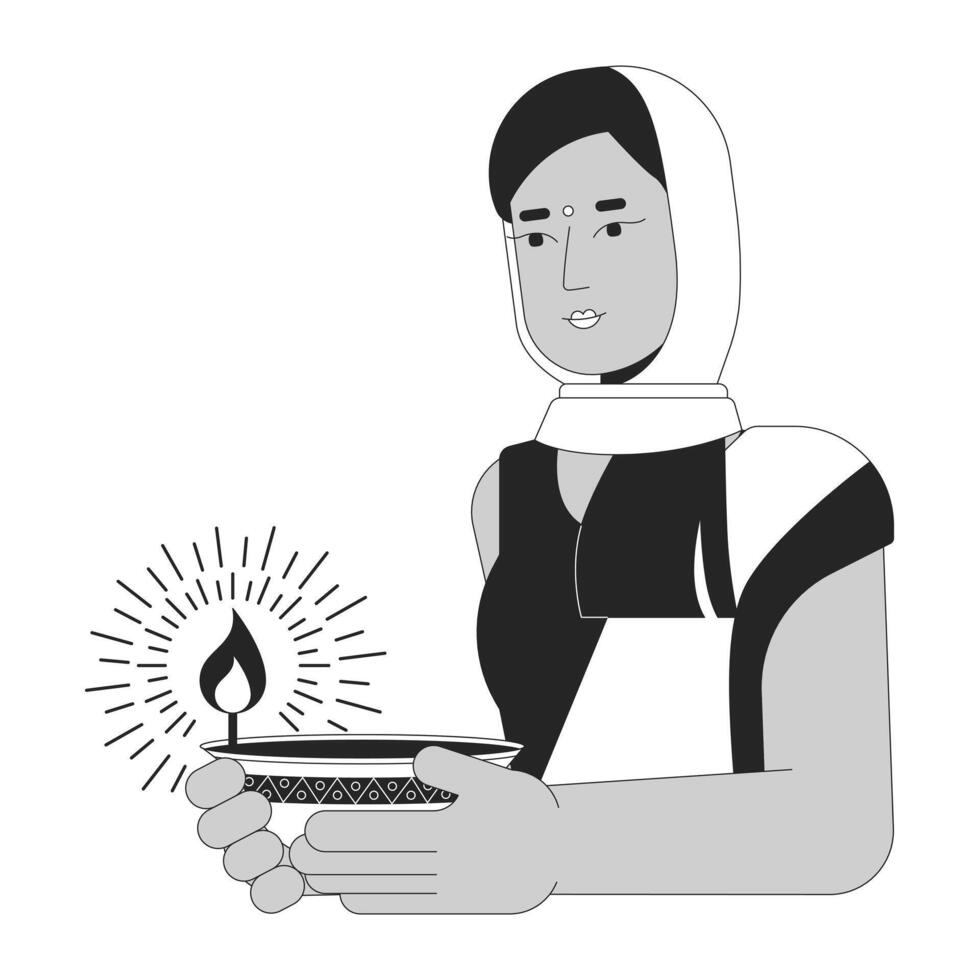 Indian woman carrying diwali diya black and white 2D line cartoon character. Worship of Lakshmi isolated vector outline person. Hindu festival of lights Deepawali monochromatic flat spot illustration