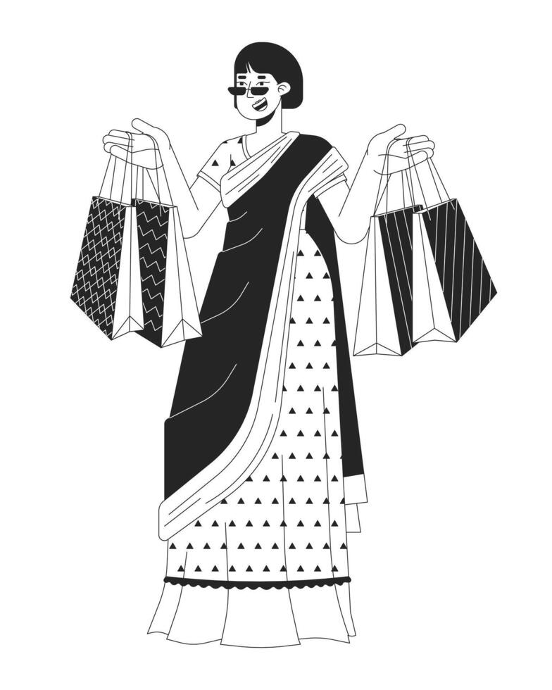 Saree korean woman holding bags for Diwali celebration black and white 2D line cartoon character. Adult female isolated vector outline person. Hindu Deepawali monochromatic flat spot illustration