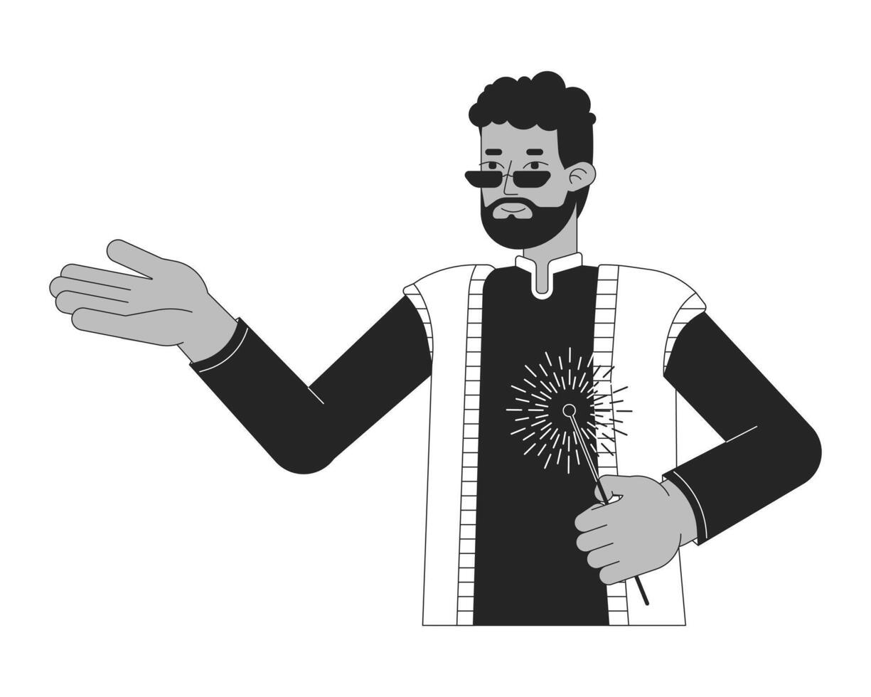 Dhoti kurta man holding sparkler black and white 2D line cartoon character. African american male isolated vector outline person. Festival of lights Deepawali monochromatic flat spot illustration