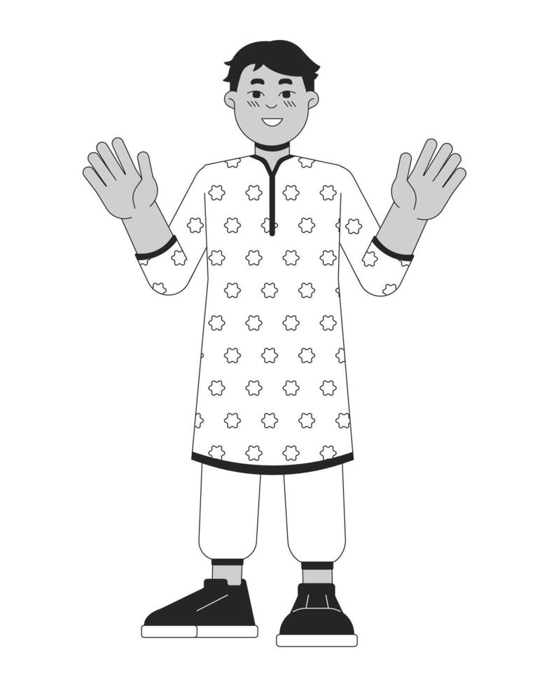 pequeño indio chico kurta sayo negro y blanco 2d línea dibujos animados personaje. adorable niño sur asiático aislado vector contorno persona. hindú festival deepawali monocromo plano Mancha ilustración