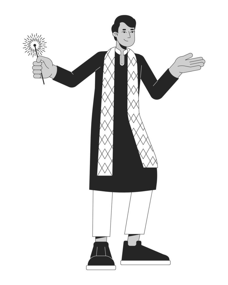 Traditional indian kurta young man with bengal light black and white 2D line cartoon character. South asian isolated vector outline person. Hindu festival lights monochromatic flat spot illustration