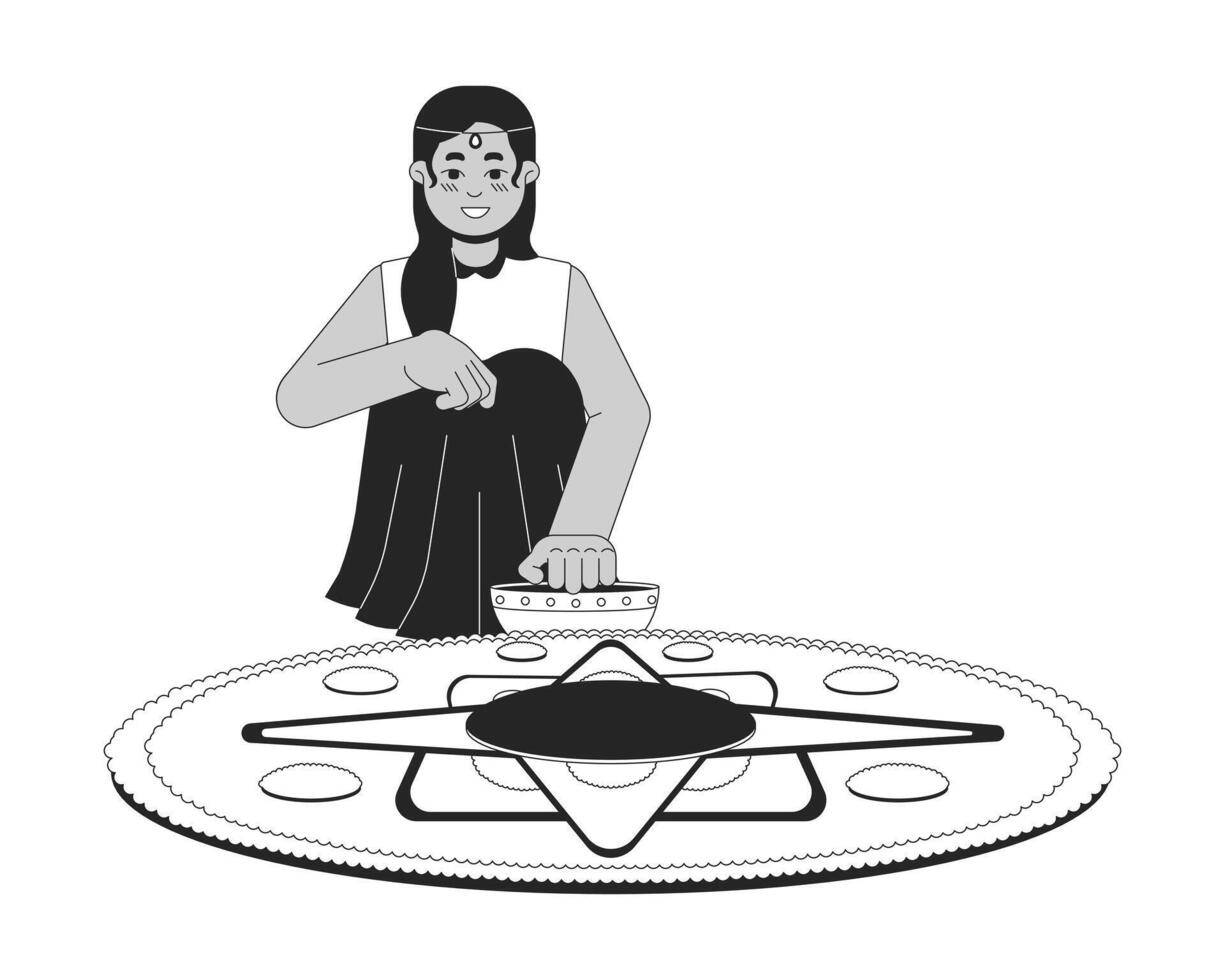 Smiling indian young girl making kolam black and white 2D line cartoon character. South asian female isolated vector outline person. Hindu festival Deepawali monochromatic flat spot illustration