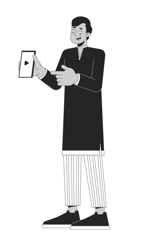 Excited giggling indian man pointing on cellphone black and white 2D line cartoon character. Young adult guy isolated vector outline person. Hindu Deepawali monochromatic flat spot illustration