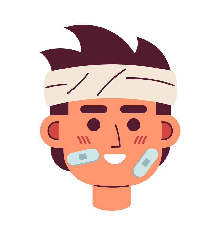 Bandage wrapped head man cheerful 2D vector avatar illustration. Asian patient band-aid cartoon character face portrait. Positive attitude flat color user profile image isolated on white background