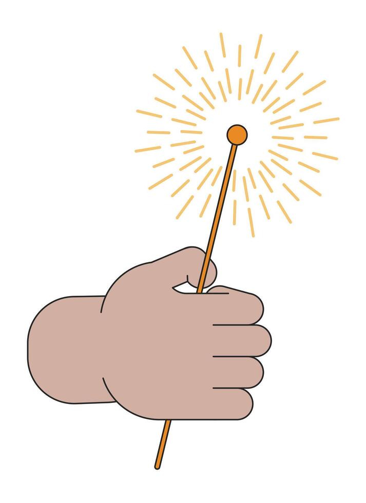 Holding sparkler diwali linear cartoon character hand illustration. Enjoying sparks party outline 2D vector image, white background. Festival of lights hindu festival editable flat color clipart