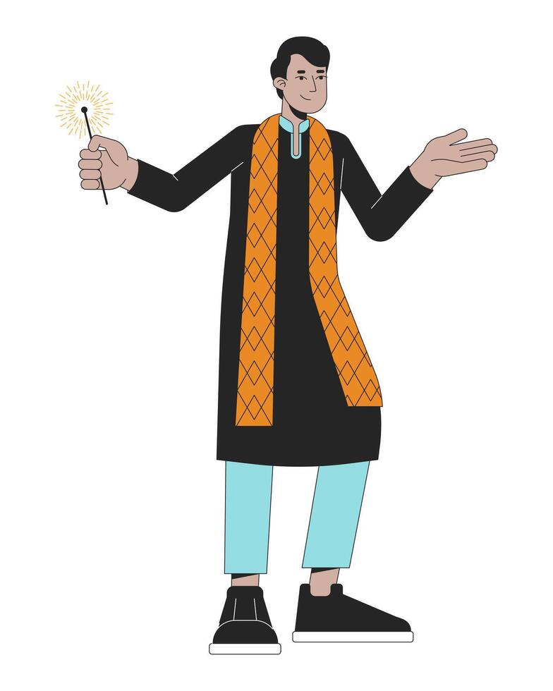 Traditional indian kurta young man with bengal light 2D linear cartoon character. South asian isolated line vector person white background. Hindu festival lights Deepawali color flat spot illustration