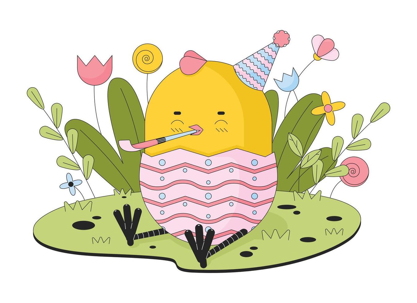 Easter young chicken party blower 2D linear illustration concept. Celebrating chick birthday cartoon character isolated on white. Eastertide bird in grass metaphor abstract flat vector outline graphic