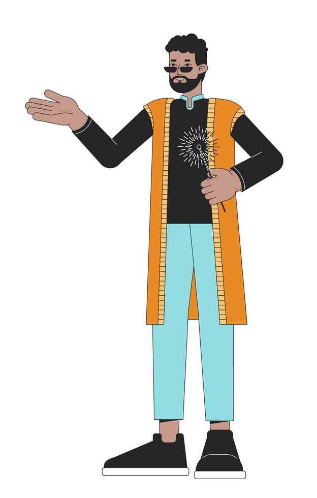 Dhoti kurta guy with bengal light 2D linear cartoon character. African american bearded isolated line vector person white background. Hindu festival of lights Deepawali color flat spot illustration