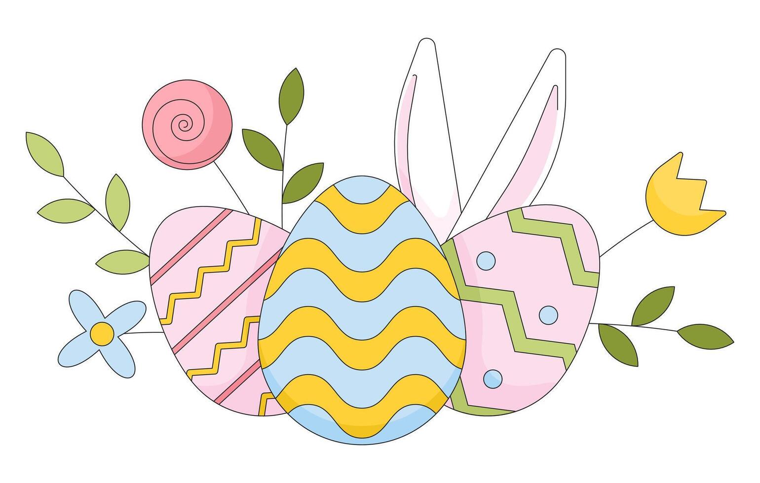 Easter eggs spring flowers 2D linear cartoon object. Springtime floral eastereggs isolated line vector element white background. Decorative ornament. Eastertime holiday color flat spot illustration