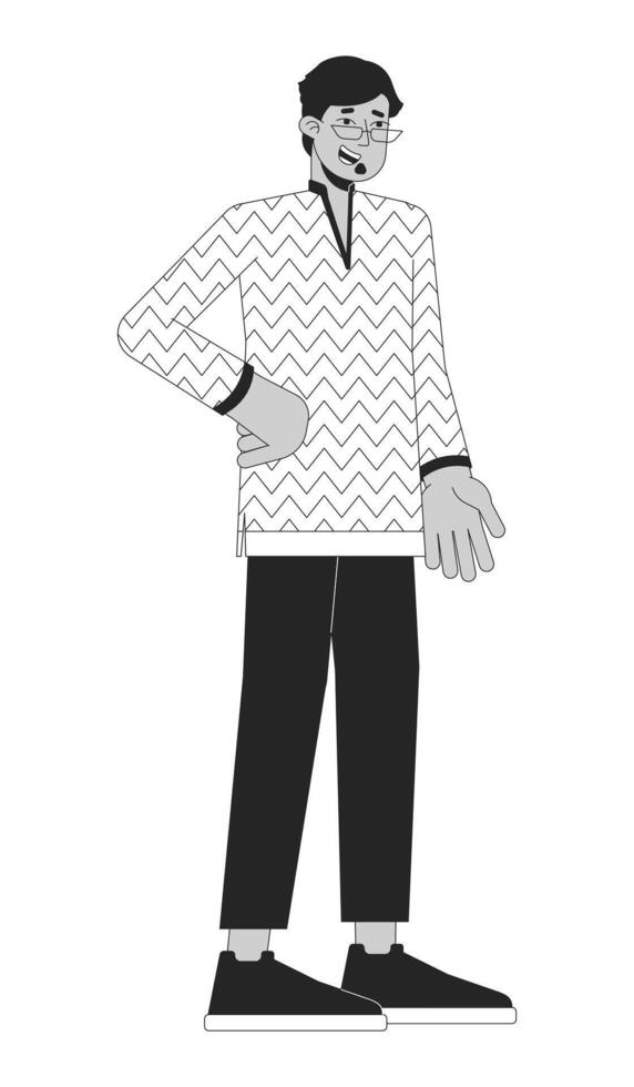 gafas hombre tradicional disfraz negro y blanco 2d línea dibujos animados personaje. Arábica kurta masculino adulto aislado vector contorno persona. hindú festival deepawali monocromo plano Mancha ilustración